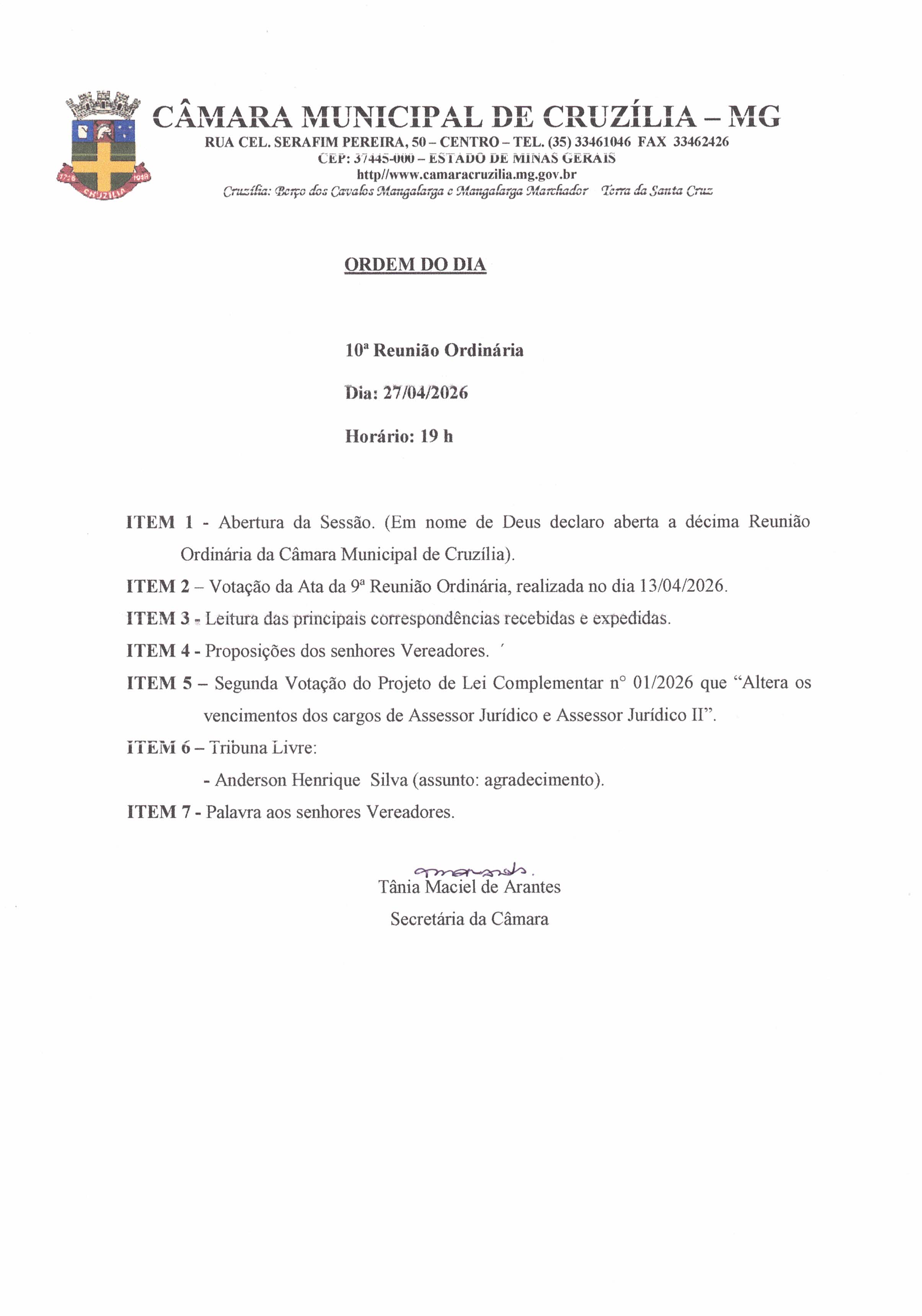 Pauta da 10ª Reunião Ordinária dia 27-04-2026 às 19 hrs