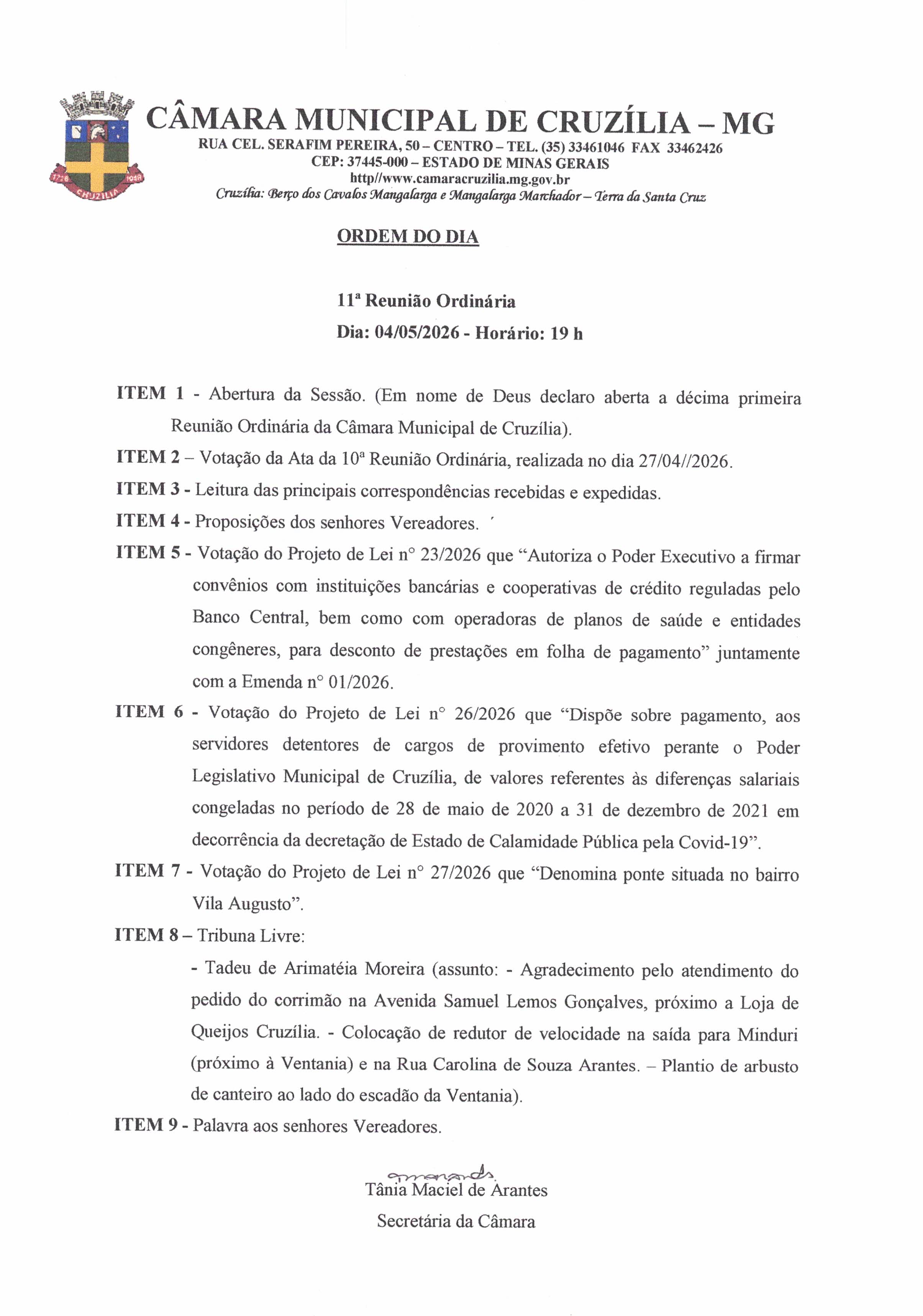 Pauta da 11ª Reunião Ordinária dia 04-05-2026 às 19 hrs