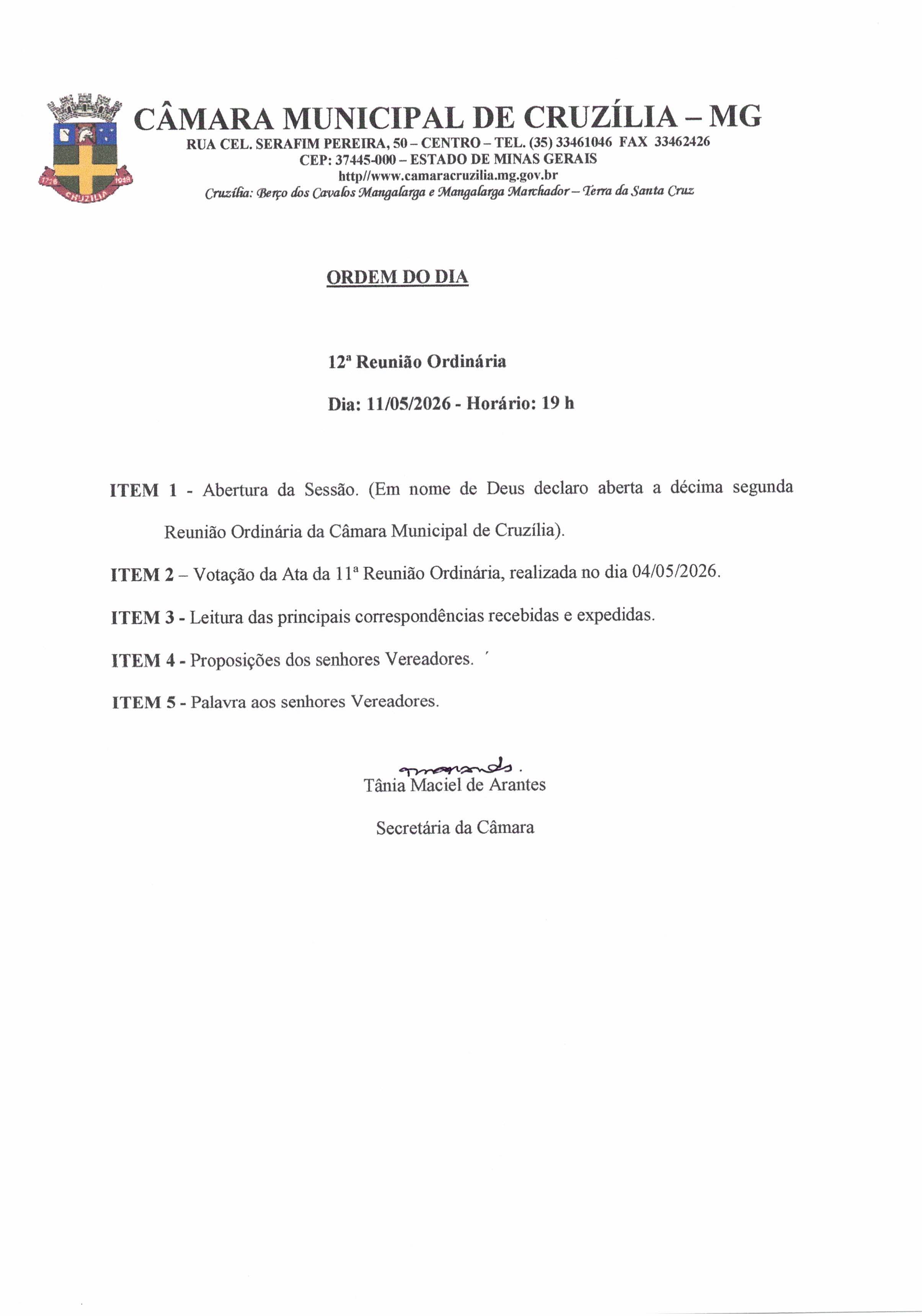 Pauta da 12ª Reunião Ordinária dia 11-05-2026 às 19 hrs