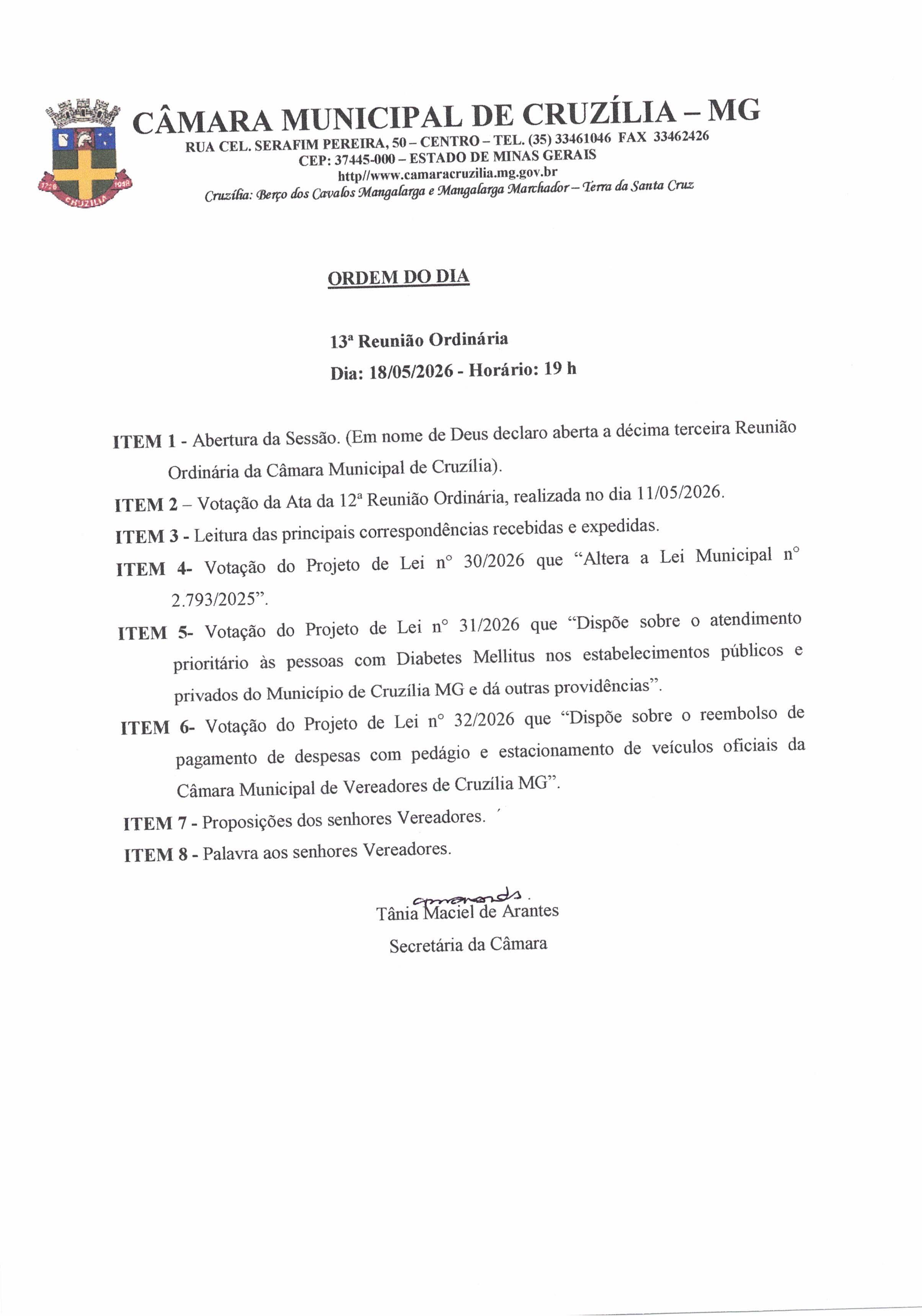 Pauta da 13ª Reunião Ordinária dia 18-05-2026 às 19 hrs
