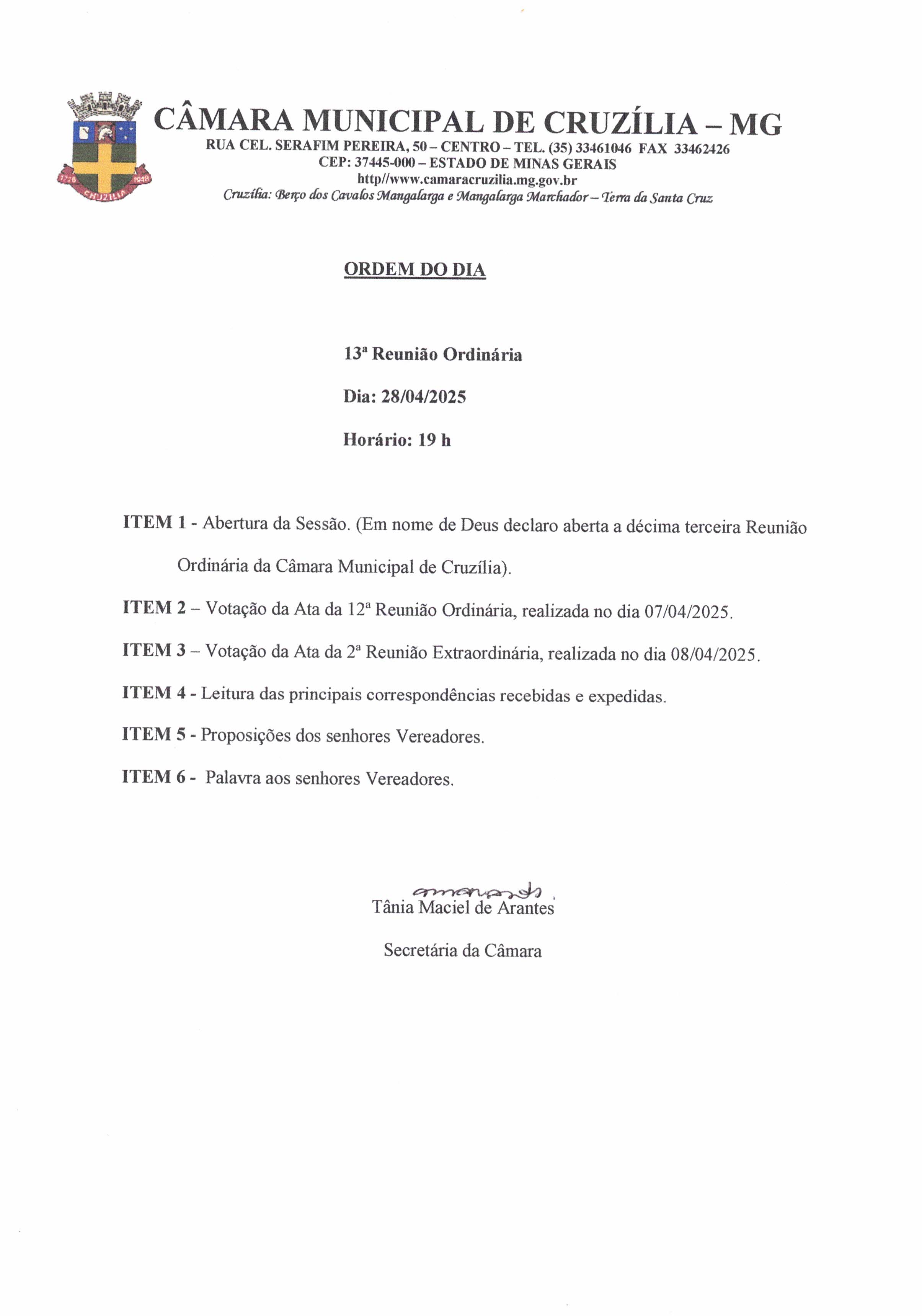 Pauta da 13ª Reunião Ordinária dia 28-04-2025 às 19 hrs