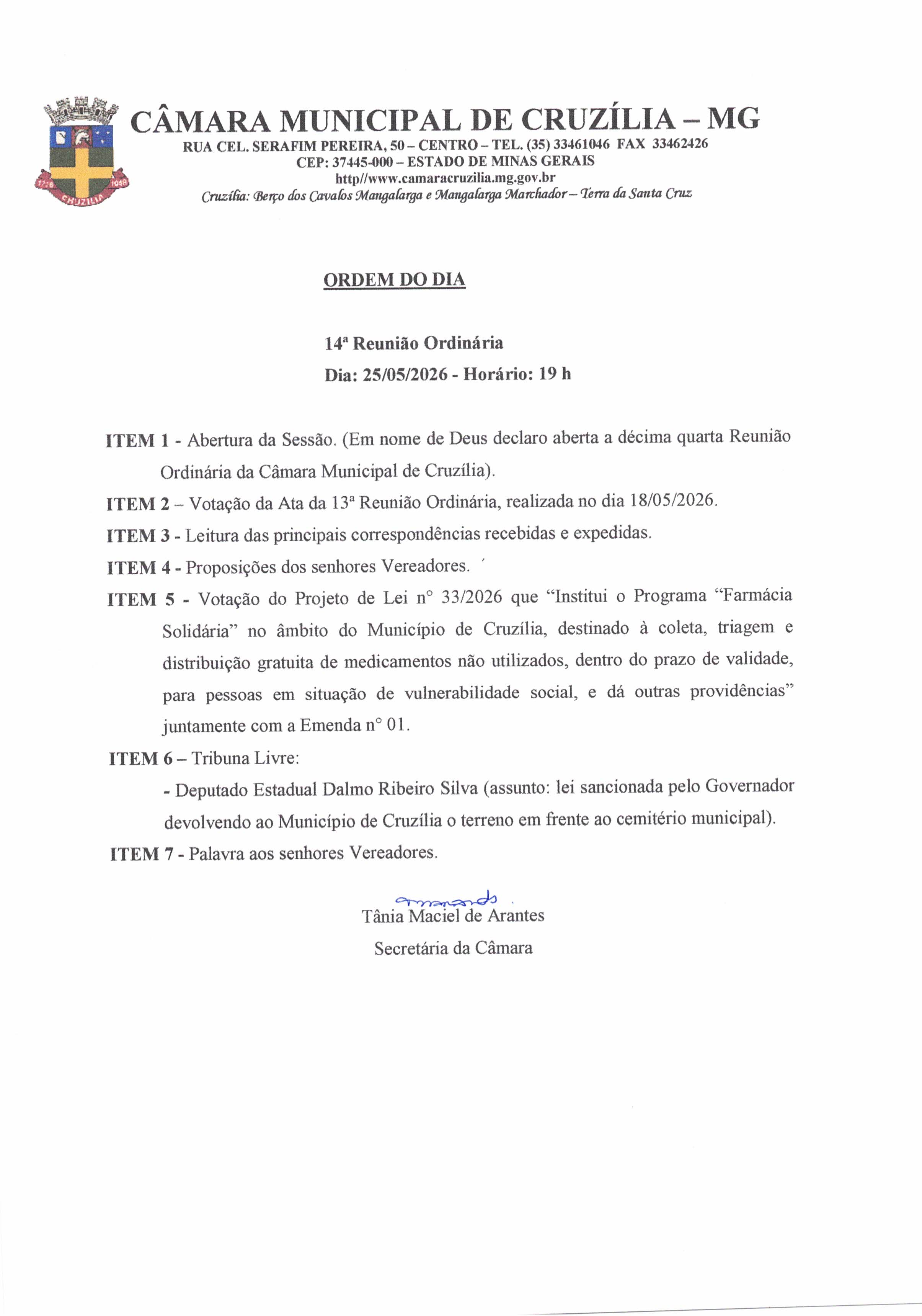 Pauta da 14ª Reunião Ordinária dia 25-05-2026 às 19 hrs