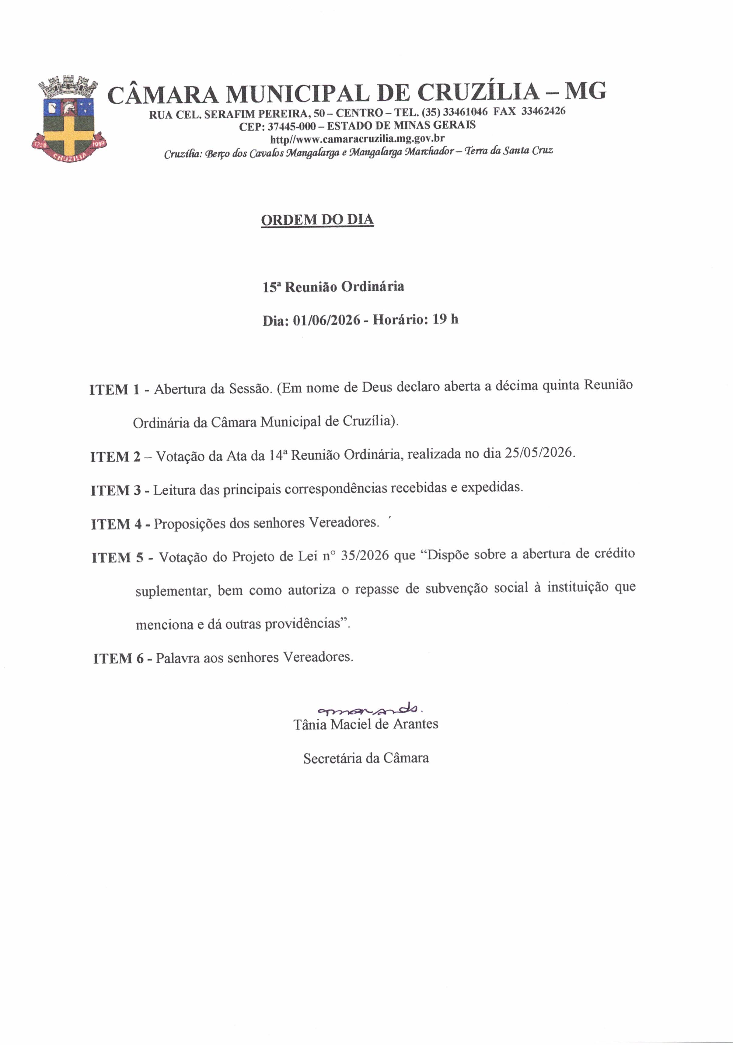 Pauta da 15ª Reunião Ordinária dia 01-06-2026 às 19 hrs