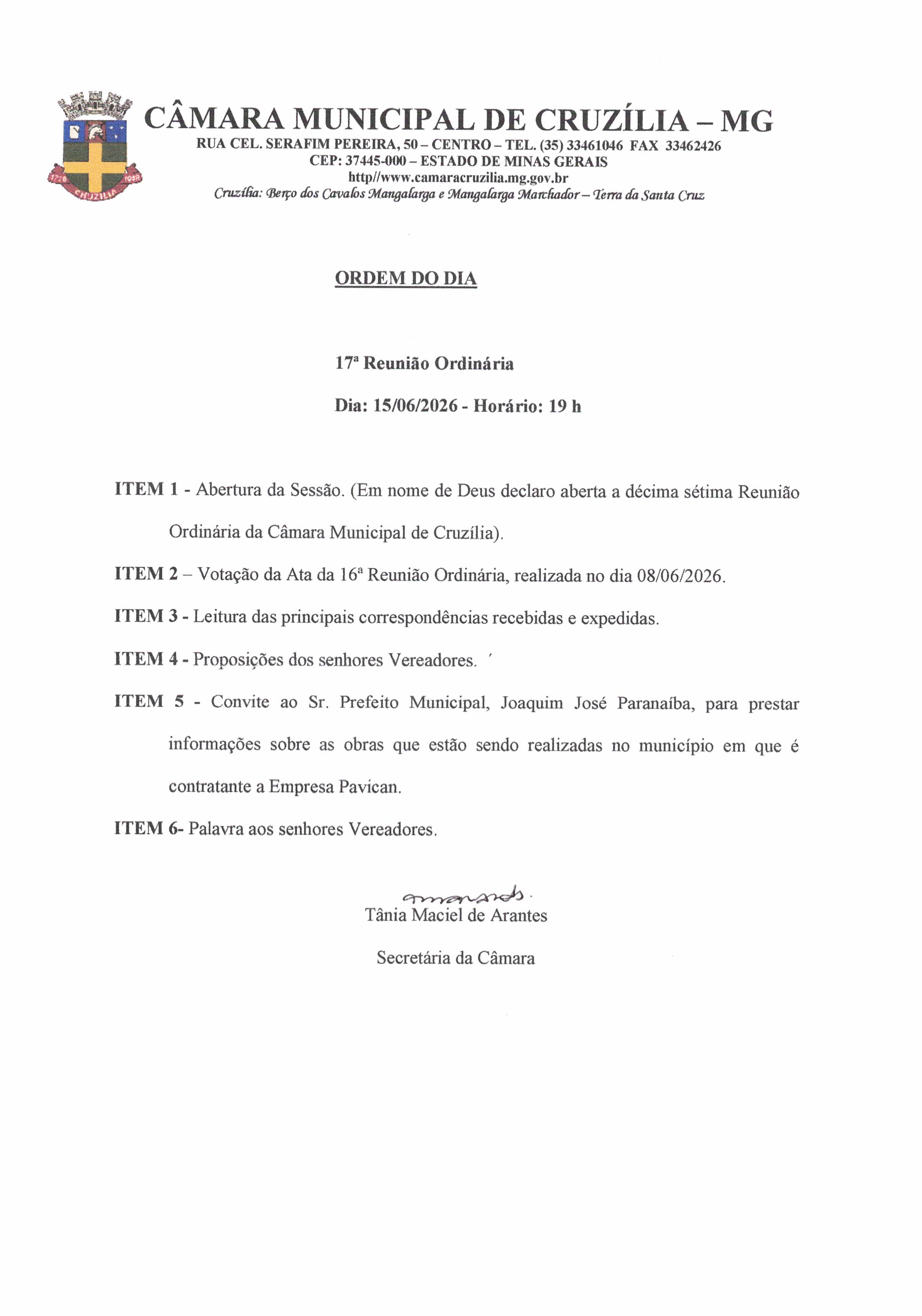 Pauta da 17ª Reunião Ordinária dia 15-06-2026 às 19 hrs