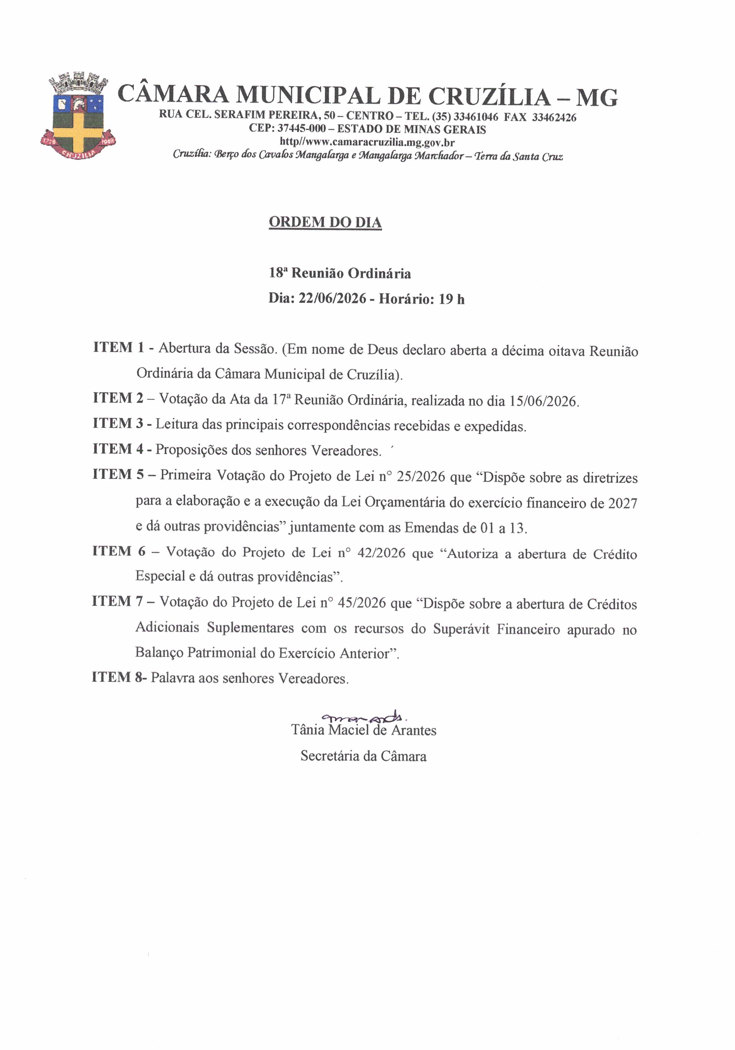 Pauta da 18ª Reunião Ordinária dia 22-06-2026 às 19 hrs