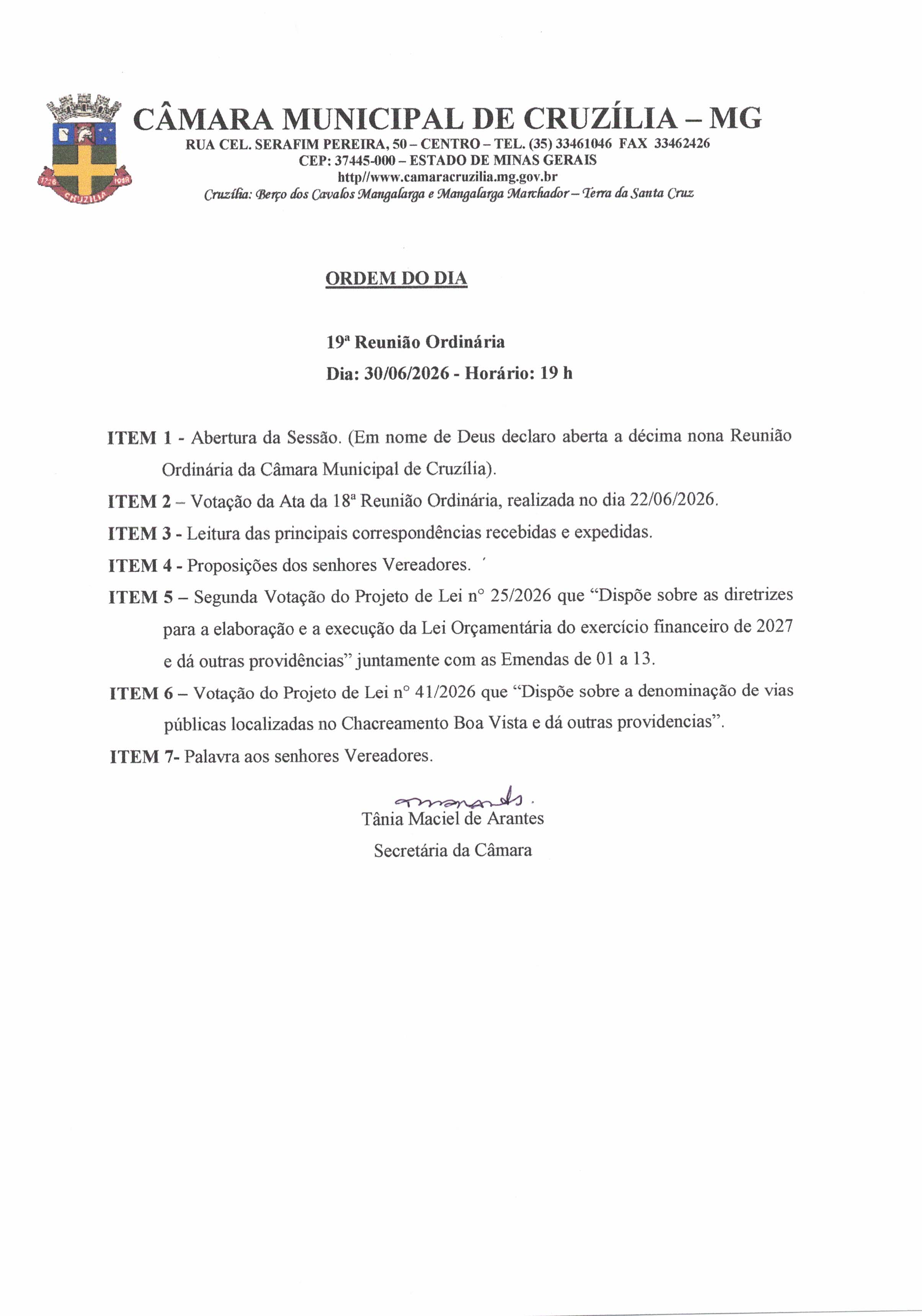 Pauta da 19ª Reunião Ordinária dia 30-06-2026 às 19 hrs