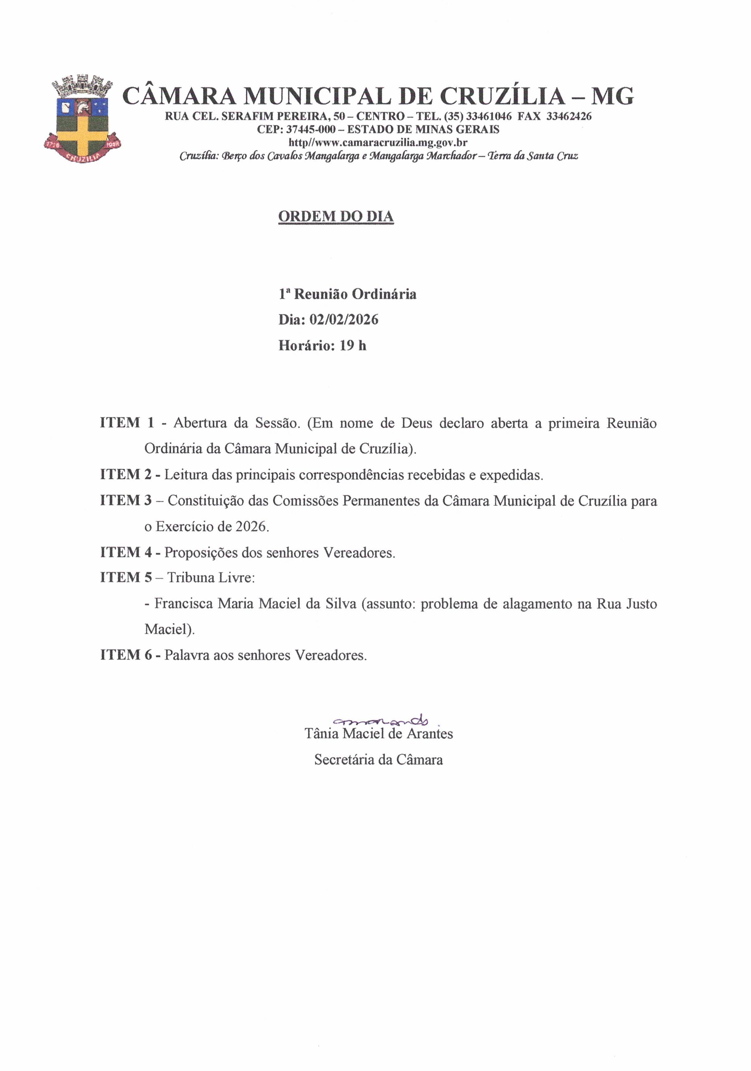 Pauta da 1ª Reunião Ordinária dia 02-02-2026 às 19 hrs