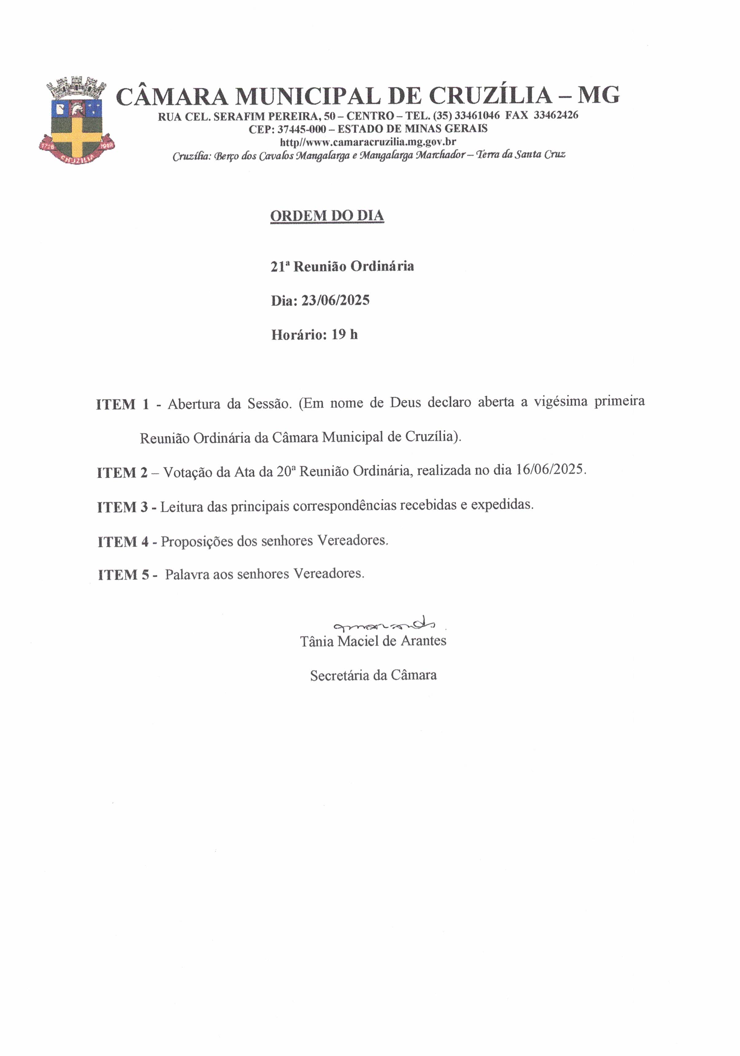Pauta da 21ª Reunião Ordinária dia 23-06-2025 às 19 hrs
