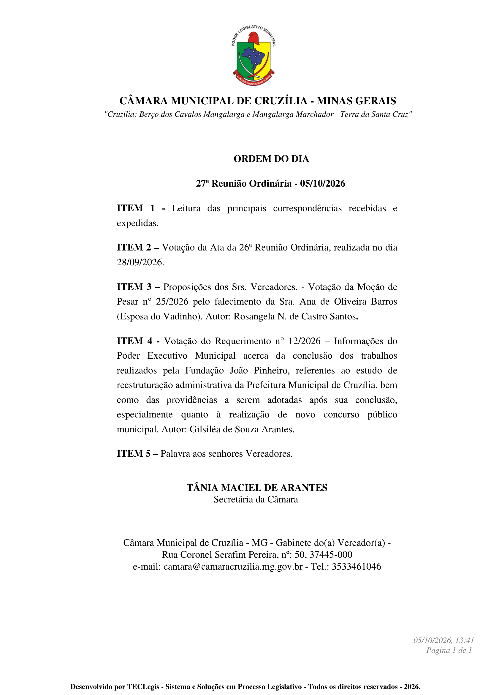 Pauta da 27ª Reunião Ordinária - 05 10 2026