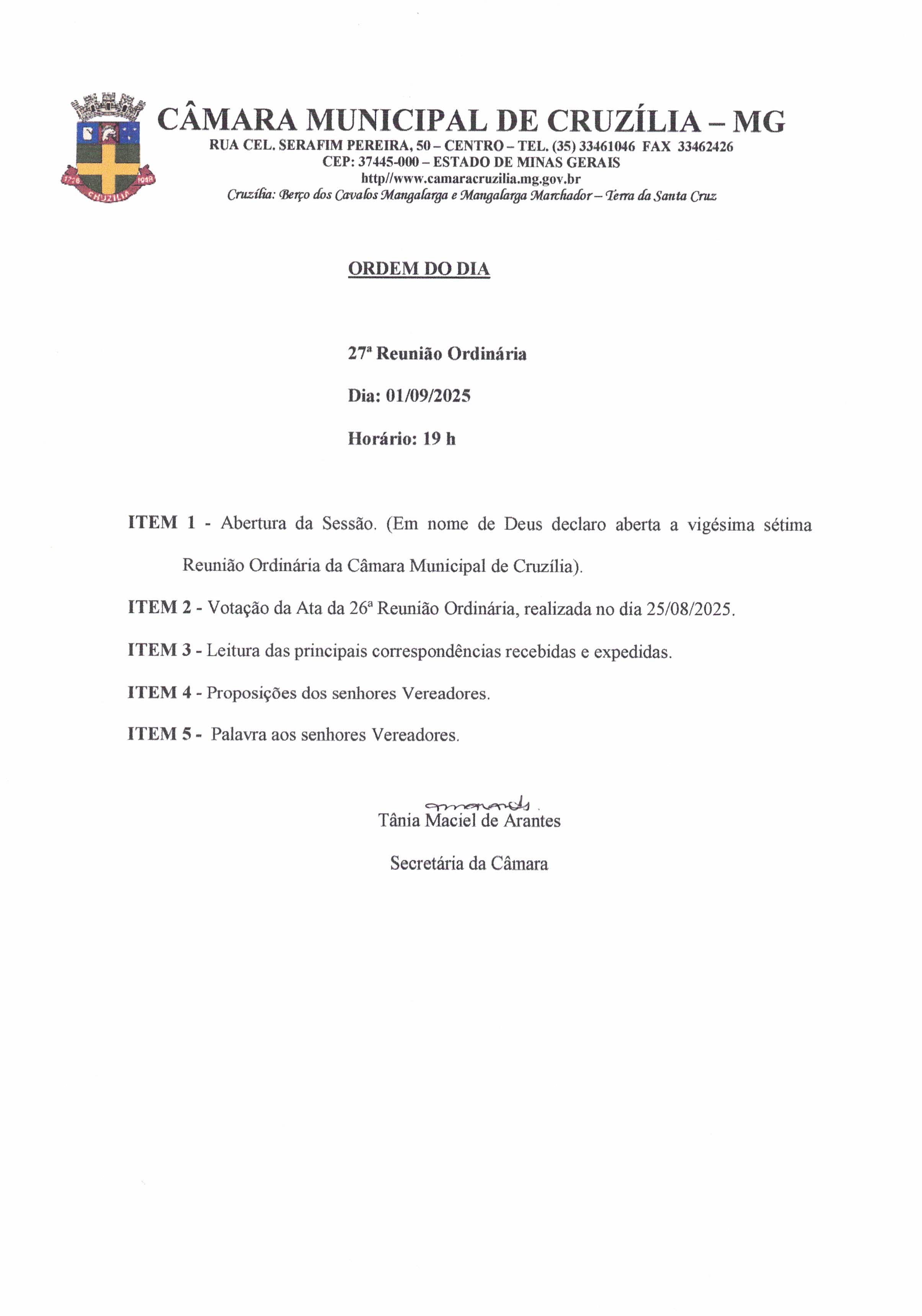 Pauta da 27ª Reunião Ordinária dia 01-09-2025 às 19 hrs