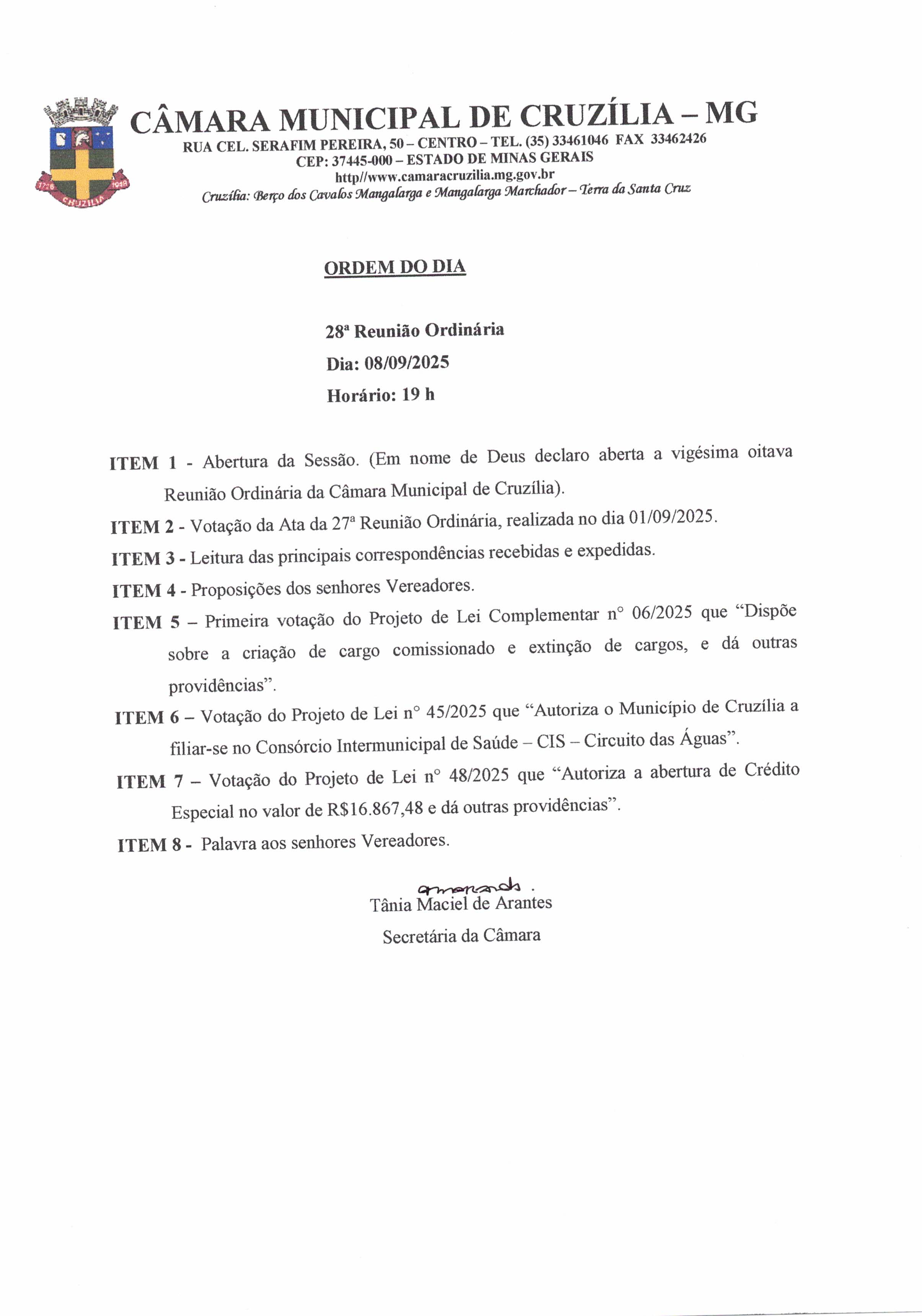 Pauta da 28ª Reunião Ordinária dia 08-09-2025 às 19 hrs
