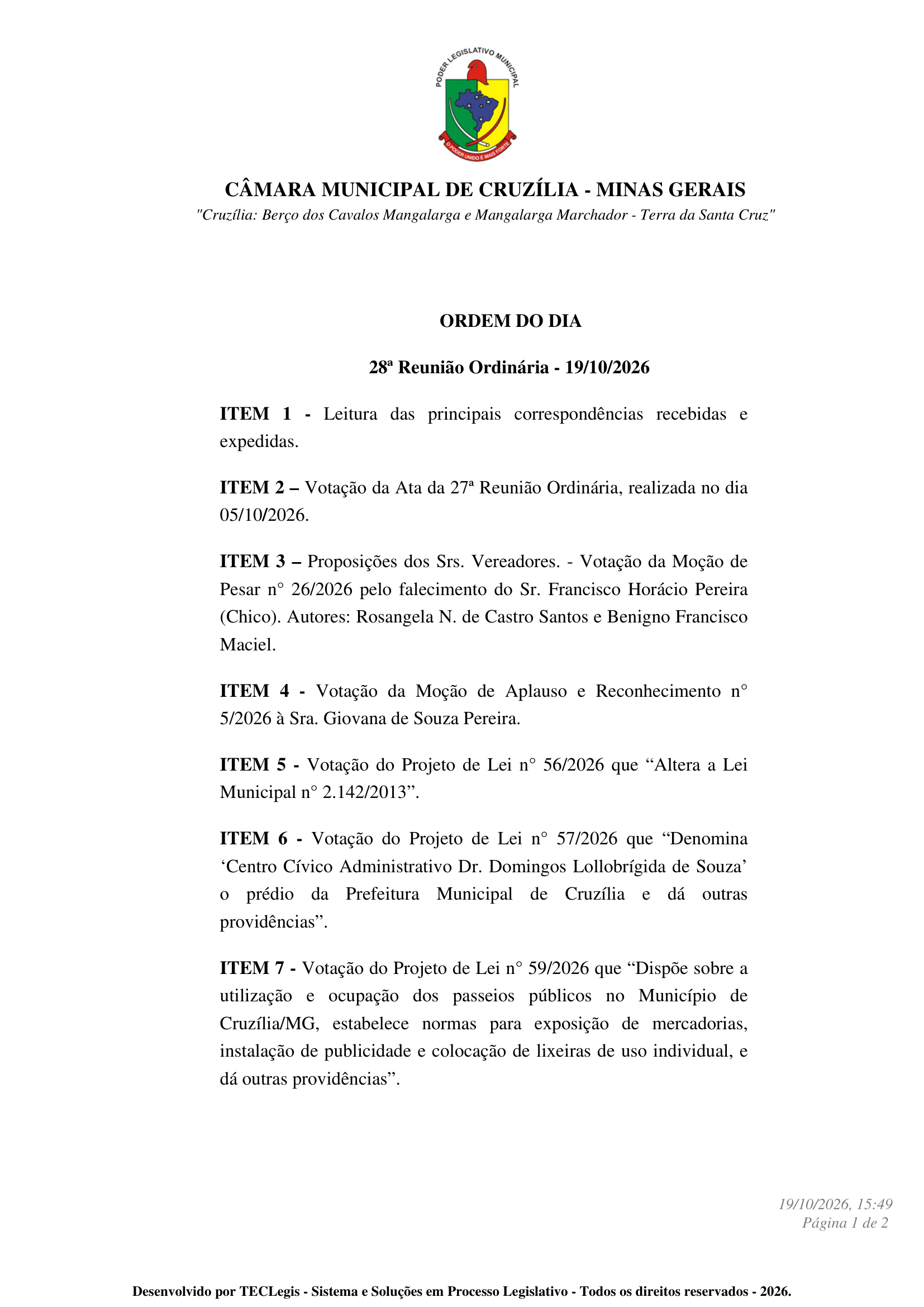Pauta da 28ª Reunião Ordinária dia 19-10-2026 às 19 hrs - 1