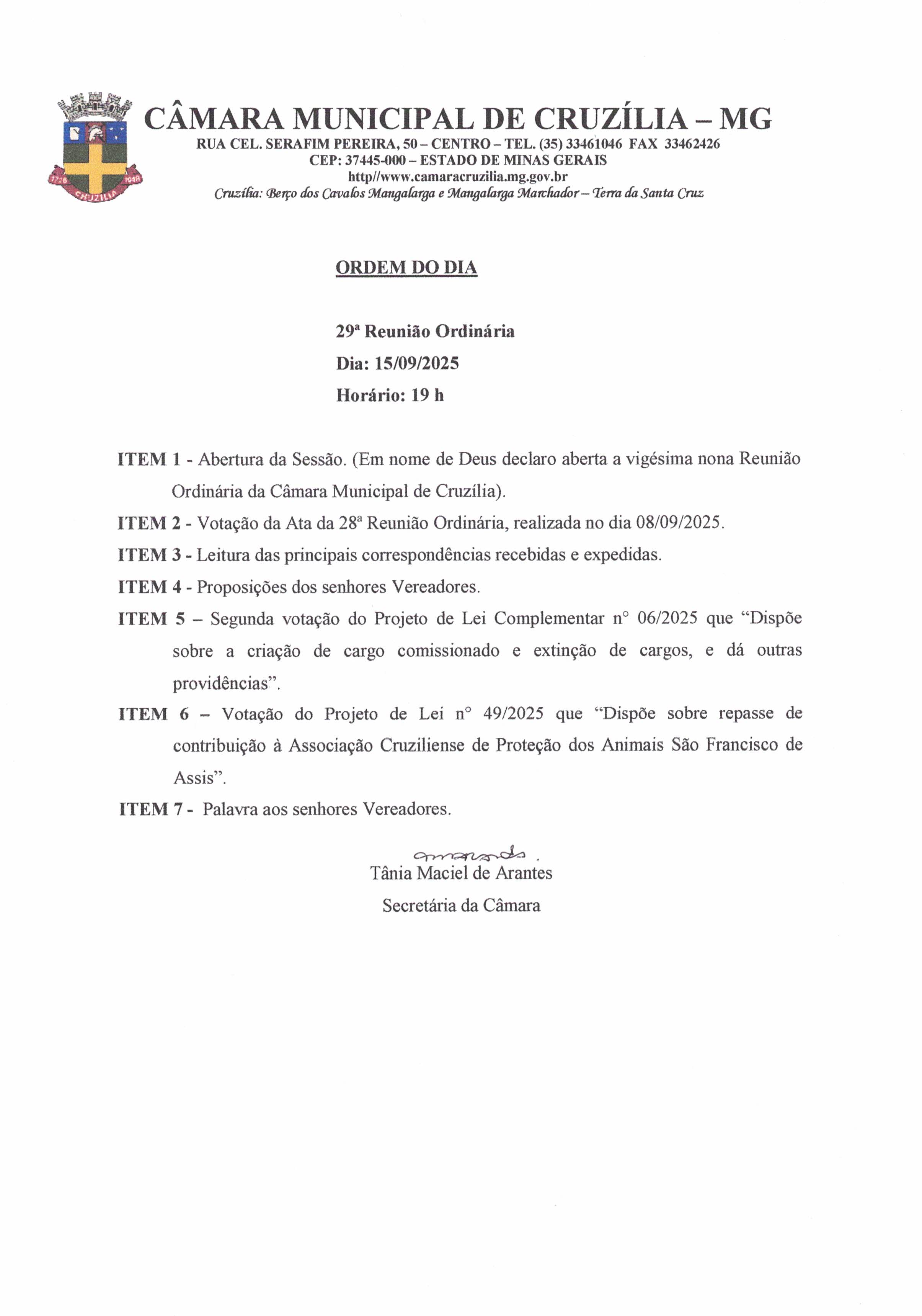 Pauta da 29ª Reunião Ordinária dia 15-09-2025 às 19 hrs