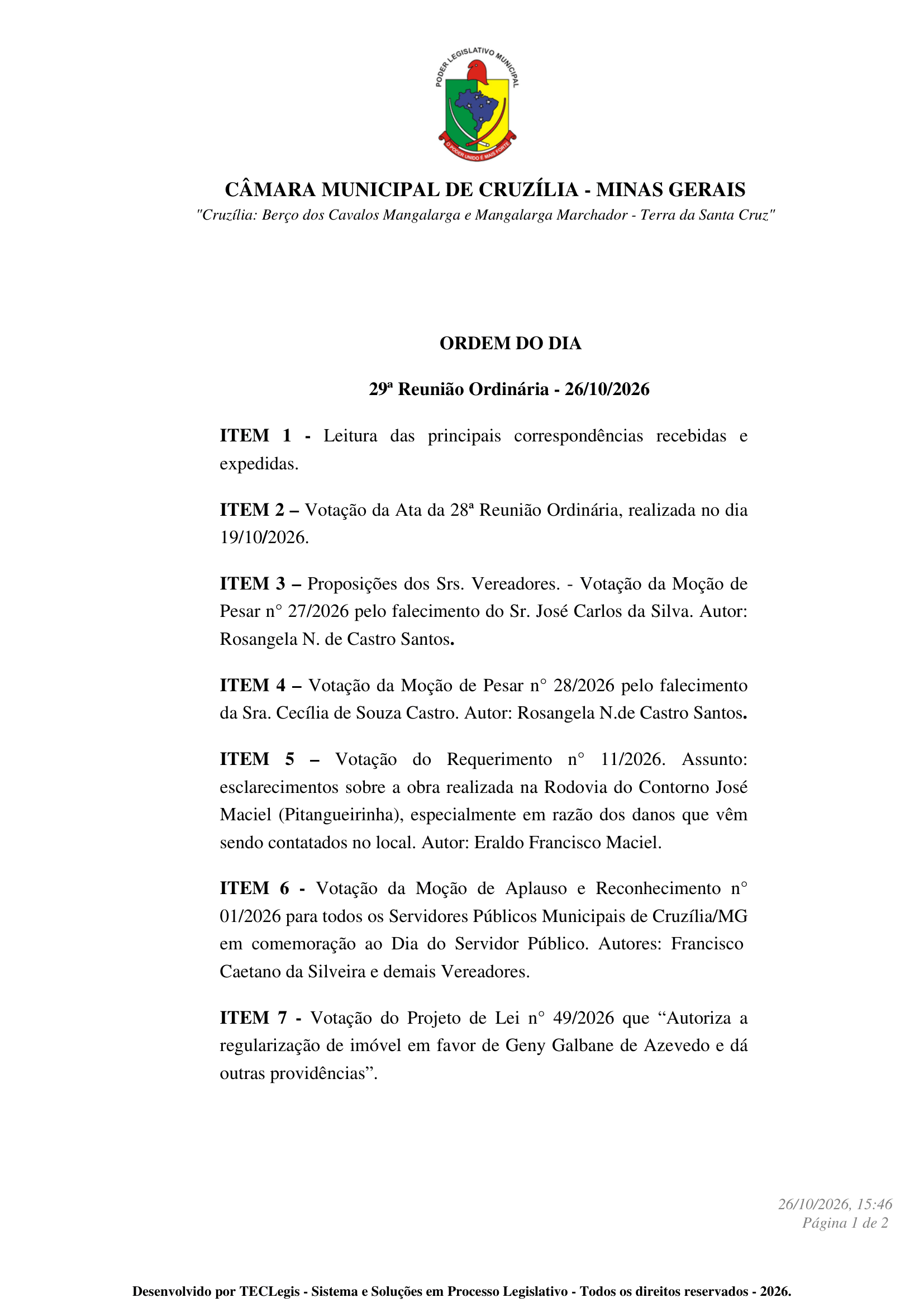 Pauta da 29ª Reunião Ordinária dia 26-10-2026 às 19 hrs - 1