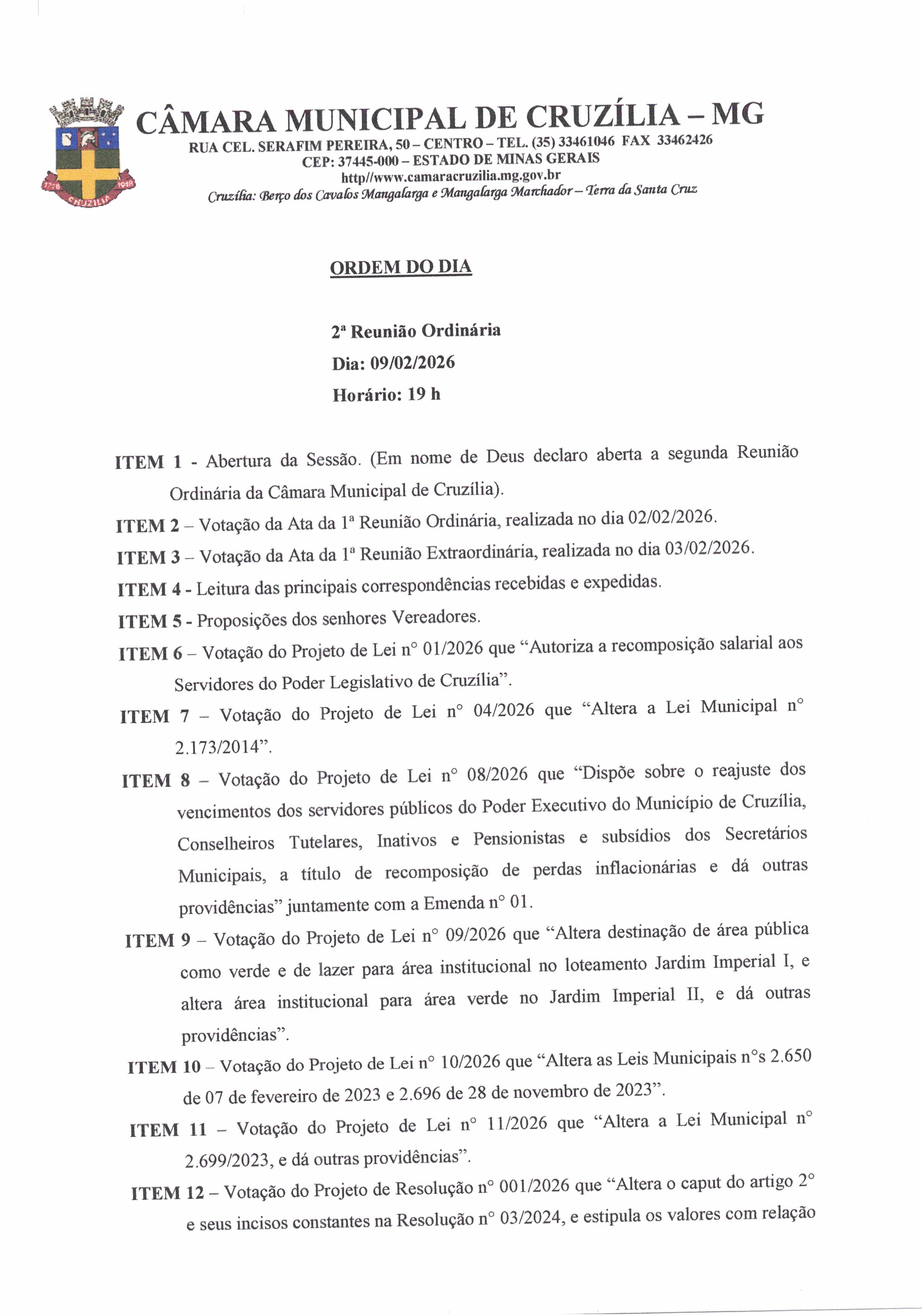 Pauta da 2ª Reunião Ordinária dia 09-02-2026 às 19 hrs PG 1
