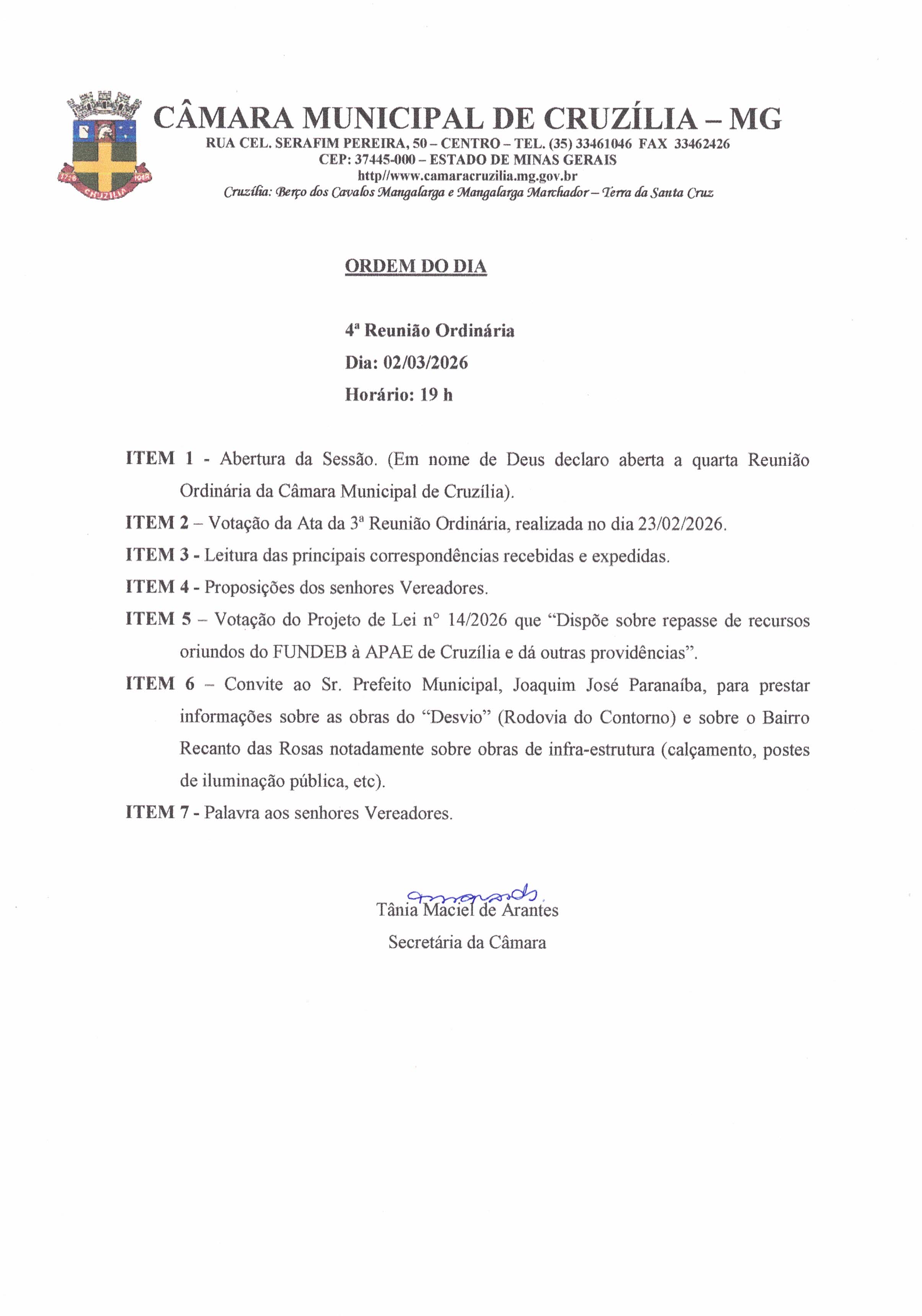 Pauta da 4ª Reunião Ordinária dia 02-03-2026 às 19 hrs