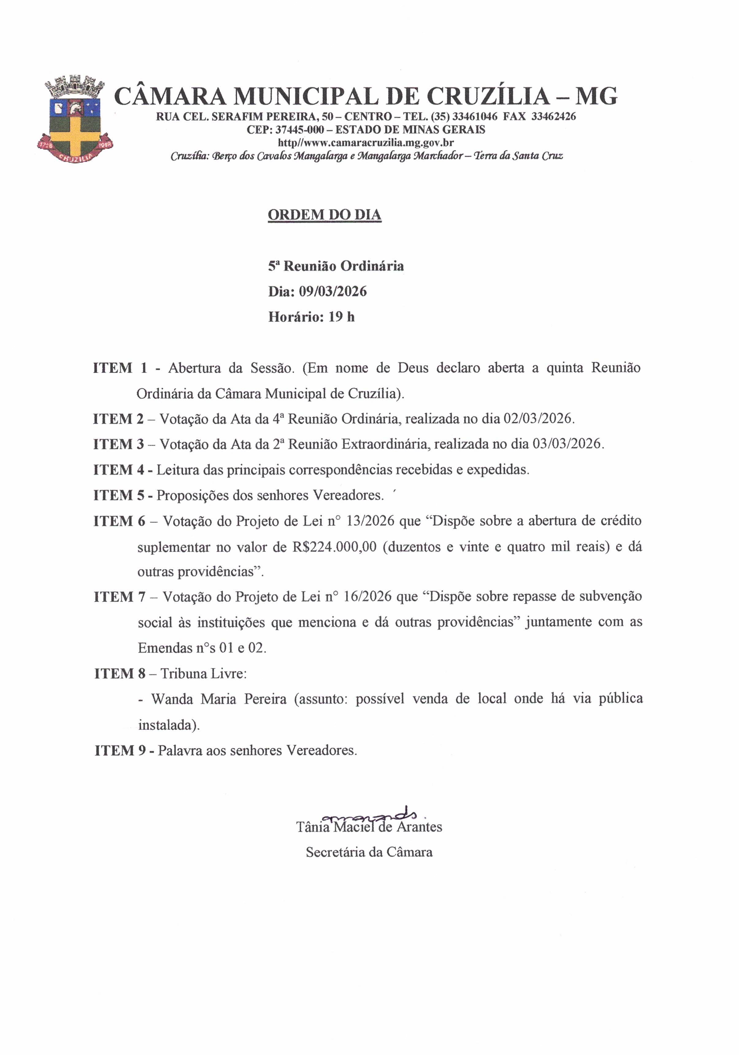 Pauta da 5ª Reunião Ordinária dia 09-03-2026 às 19 hrs